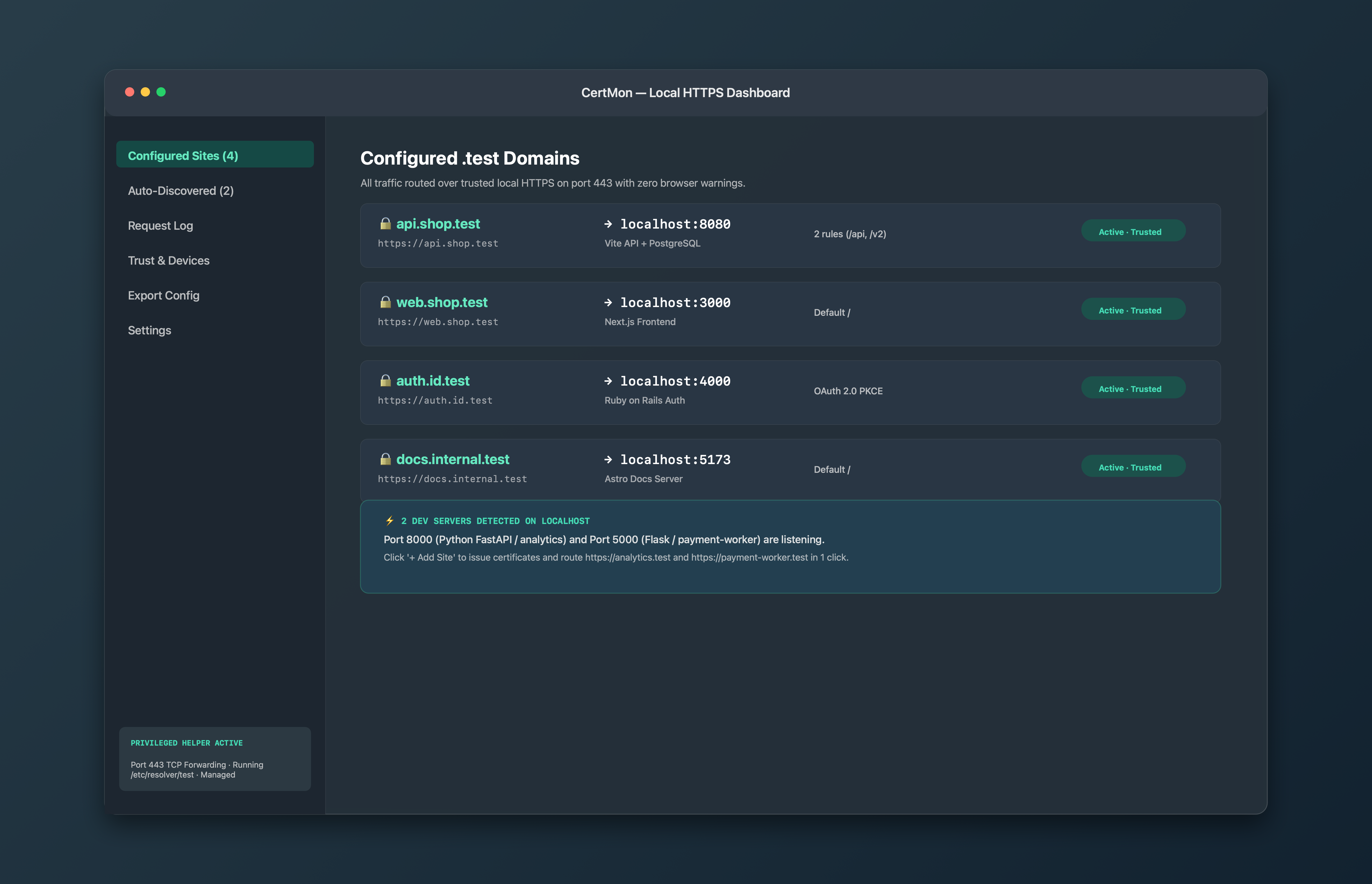 CertMon live request log with timing and one-click copy summary.